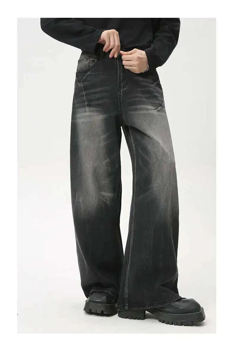 American Style Male Jeans Loose Zipper Wide-leg Washed Denim Pants High Street Summer New Trendy Trousers 2024 9C6160 XL50