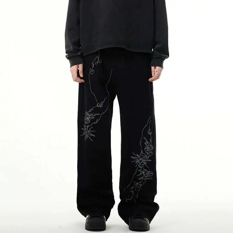 American Style Men's Denim Pants Embroidery Contrast Color XL32