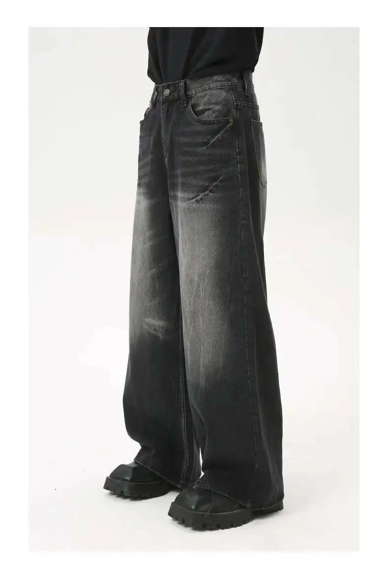 American Style Male Jeans Loose Zipper Wide-leg Washed Denim Pants High Street Summer New Trendy Trousers 2024 9C6160 XL50