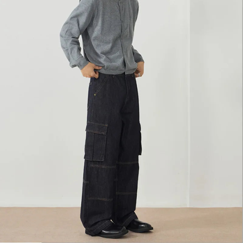 Men's Jeans New American Style Straight Leg Trendy Multi Pockets Line Design Splicing Male Summer Loose Bottoms 9W1900 XL51