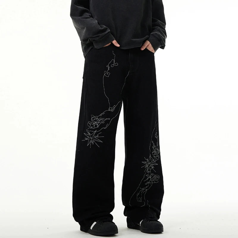 American Style Men's Denim Pants Embroidery Contrast Color XL32