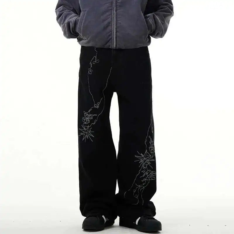 American Style Men's Denim Pants Embroidery Contrast Color XL32