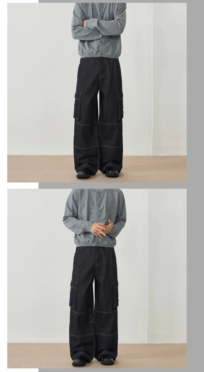 Men's Jeans New American Style Straight Leg Trendy Multi Pockets Line Design Splicing Male Summer Loose Bottoms 9W1900 XL51