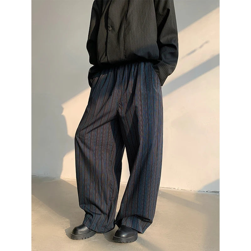 Korean Trendy Striped men's pants High-quality Wide Leg trousers Loose Fit Elastic Waist Straight Trousers 12C1521 XL40