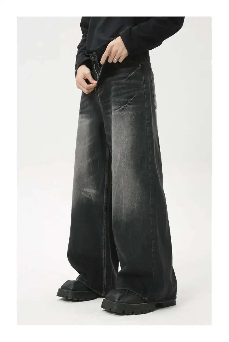 American Style Male Jeans Loose Zipper Wide-leg Washed Denim Pants High Street Summer New Trendy Trousers 2024 9C6160 XL50
