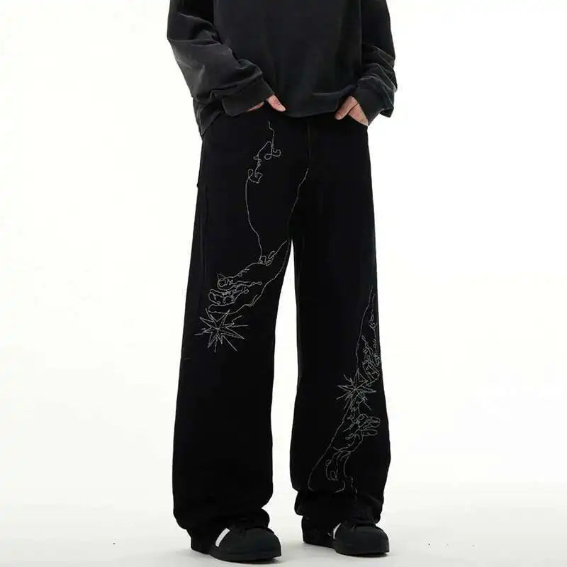 American Style Men's Denim Pants Embroidery Contrast Color XL32