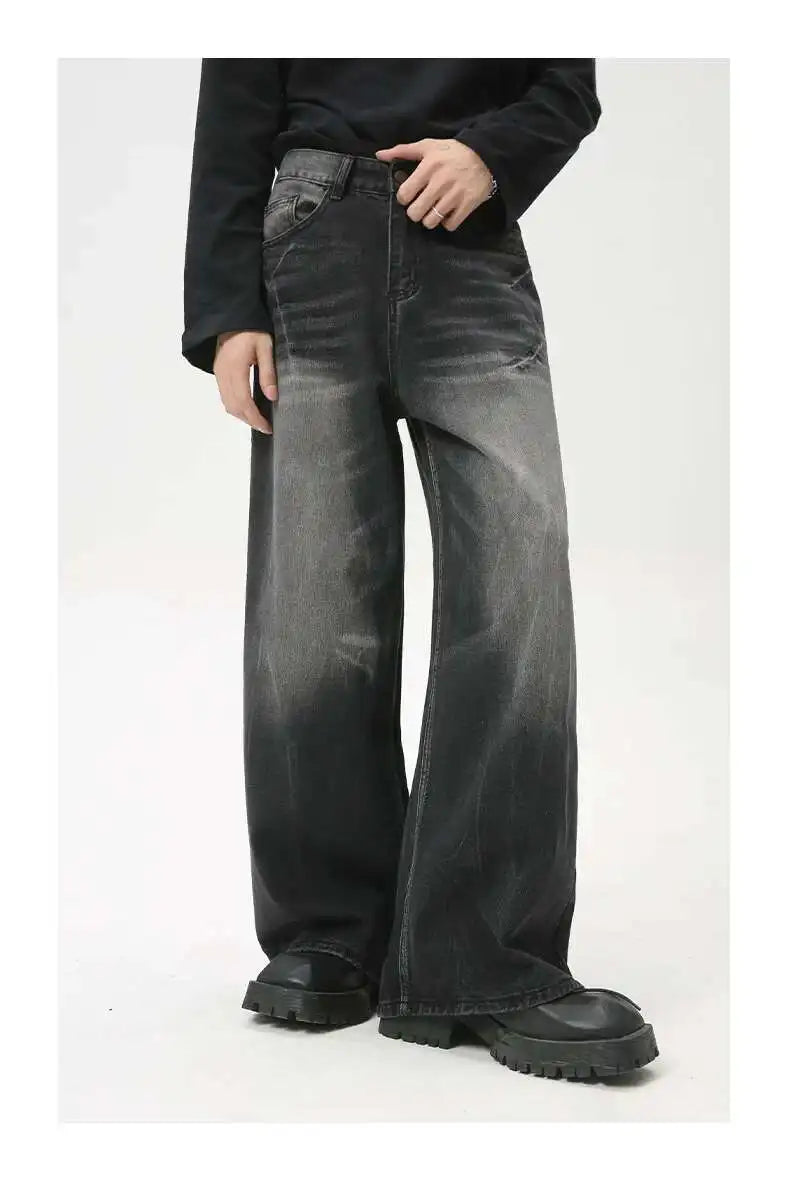 American Style Male Jeans Loose Zipper Wide-leg Washed Denim Pants High Street Summer New Trendy Trousers 2024 9C6160 XL50