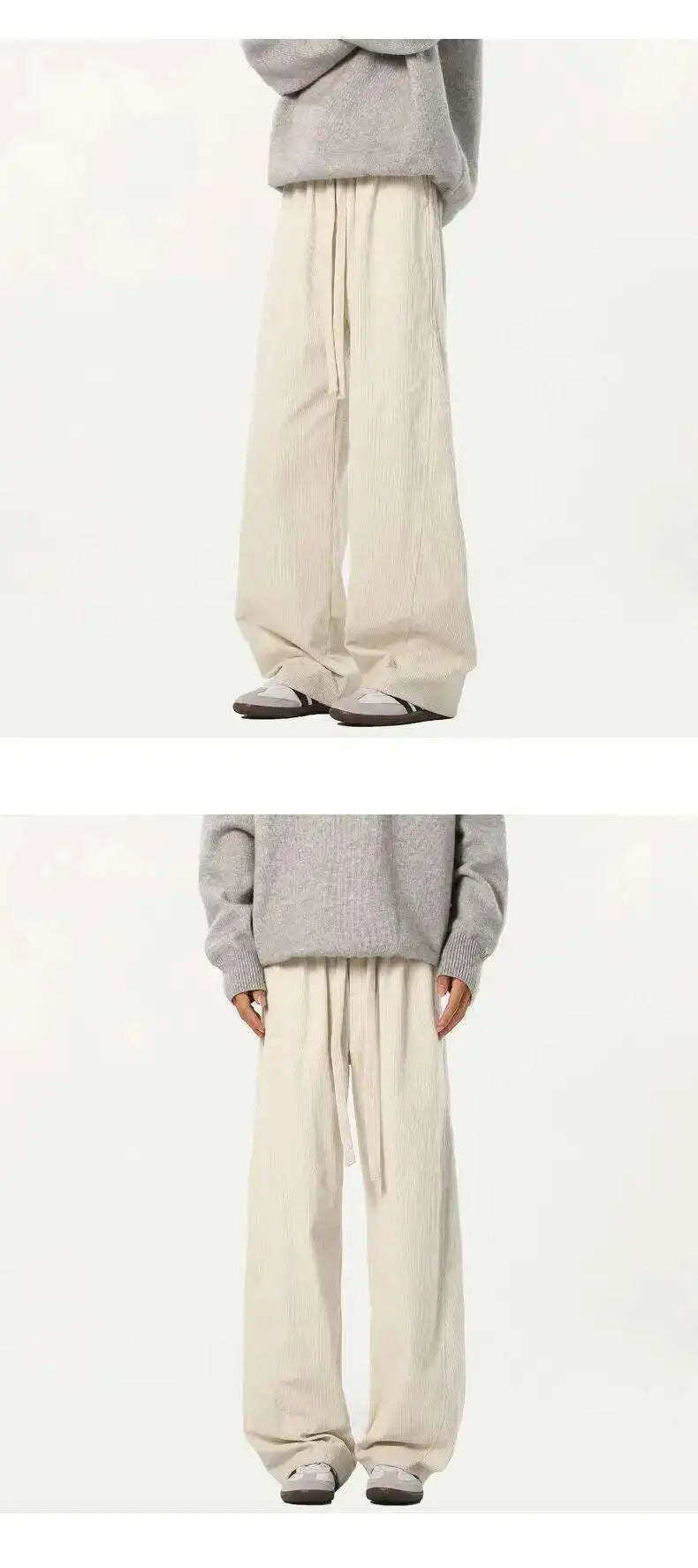 Elastic Waist Men's Casual Pants Solid Color Drawstring Straight Corduroy Machete Trousers Wide Leg Male Bottom 2025 9W588 XL57