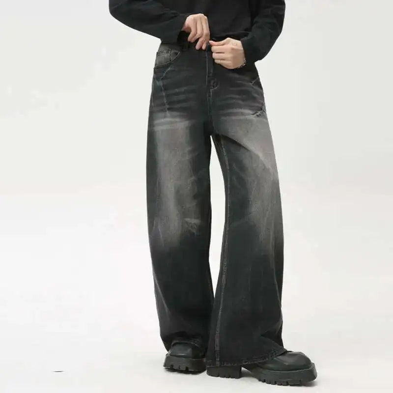American Style Male Jeans Loose Zipper Wide-leg Washed Denim Pants High Street Summer New Trendy Trousers 2024 9C6160 XL50