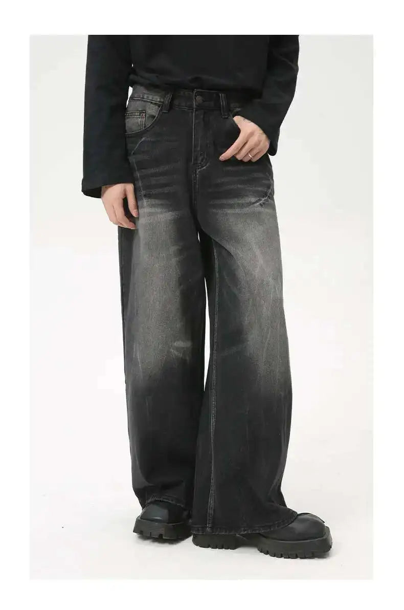 American Style Male Jeans Loose Zipper Wide-leg Washed Denim Pants High Street Summer New Trendy Trousers 2024 9C6160 XL50