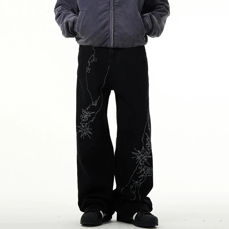 American Style Men's Denim Pants Embroidery Contrast Color XL32