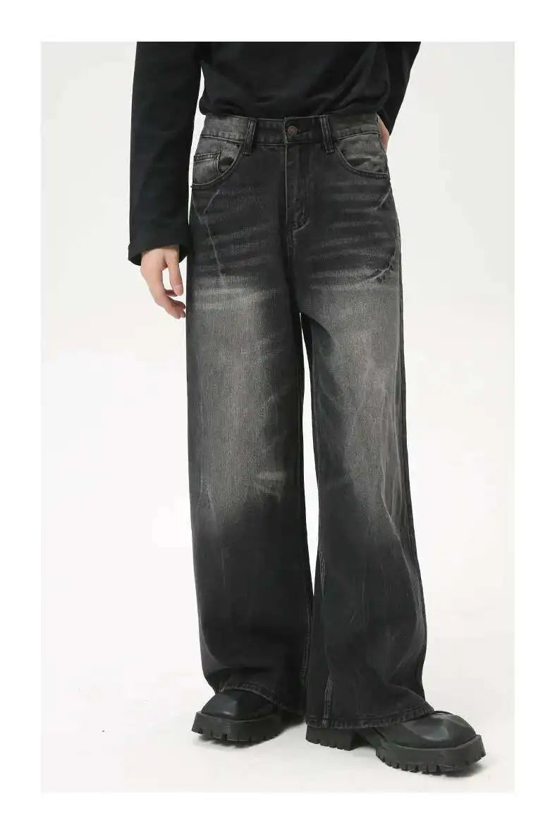 American Style Male Jeans Loose Zipper Wide-leg Washed Denim Pants High Street Summer New Trendy Trousers 2024 9C6160 XL50