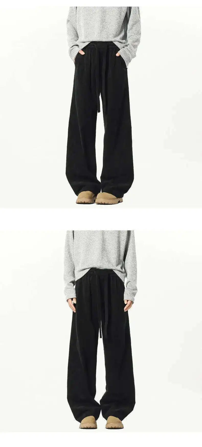 Elastic Waist Men's Casual Pants Solid Color Drawstring Straight Corduroy Machete Trousers Wide Leg Male Bottom 2025 9W588 XL57