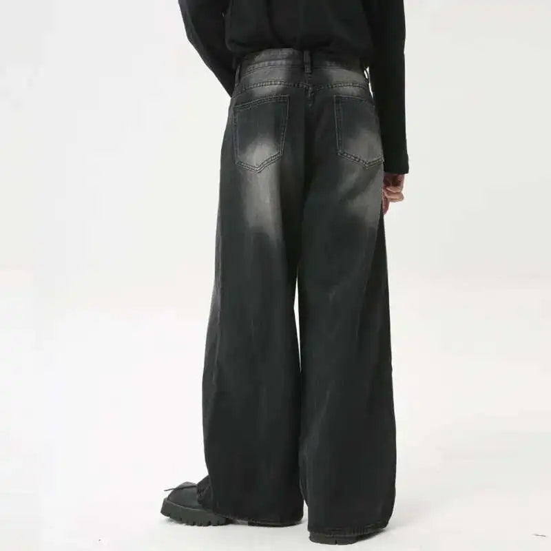 American Style Male Jeans Loose Zipper Wide-leg Washed Denim Pants High Street Summer New Trendy Trousers 2024 9C6160 XL50