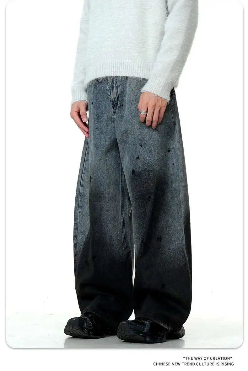 Men's Jeans New American Curved Knife Tide Denim Pants Wide Legs Loose Solid Color Male Trousers Spring 2025 XL38