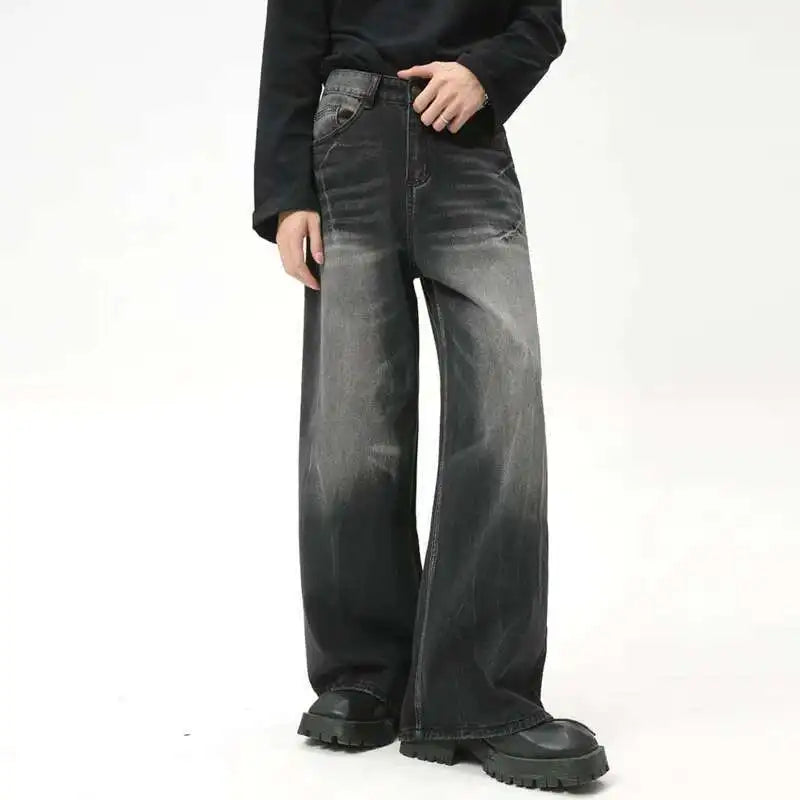 American Style Male Jeans Loose Zipper Wide-leg Washed Denim Pants High Street Summer New Trendy Trousers 2024 9C6160 XL50