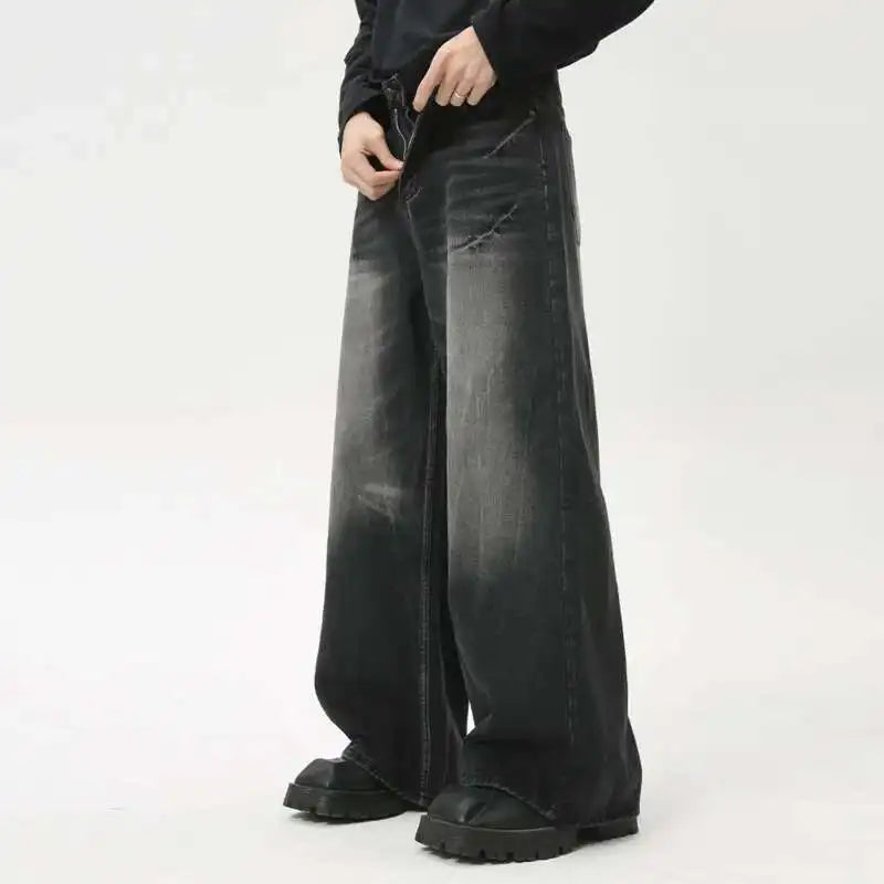 American Style Male Jeans Loose Zipper Wide-leg Washed Denim Pants High Street Summer New Trendy Trousers 2024 9C6160 XL50