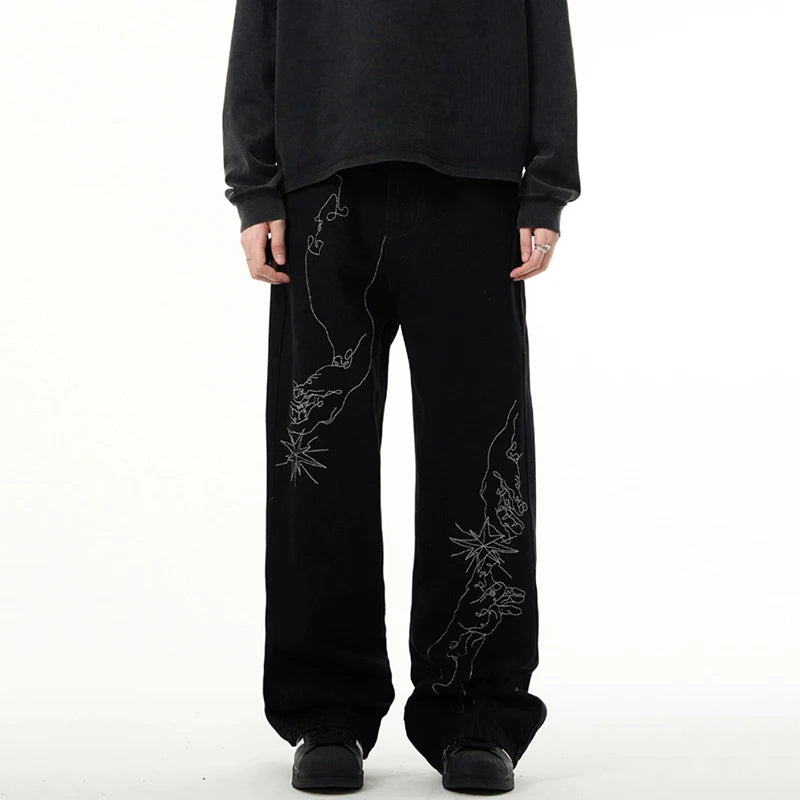 American Style Men's Denim Pants Embroidery Contrast Color XL32