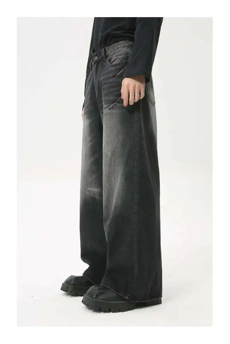 American Style Male Jeans Loose Zipper Wide-leg Washed Denim Pants High Street Summer New Trendy Trousers 2024 9C6160 XL50