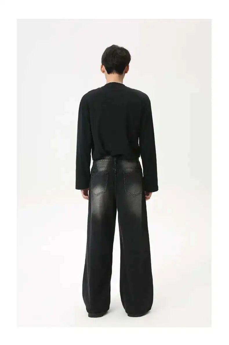 American Style Male Jeans Loose Zipper Wide-leg Washed Denim Pants High Street Summer New Trendy Trousers 2024 9C6160 XL50
