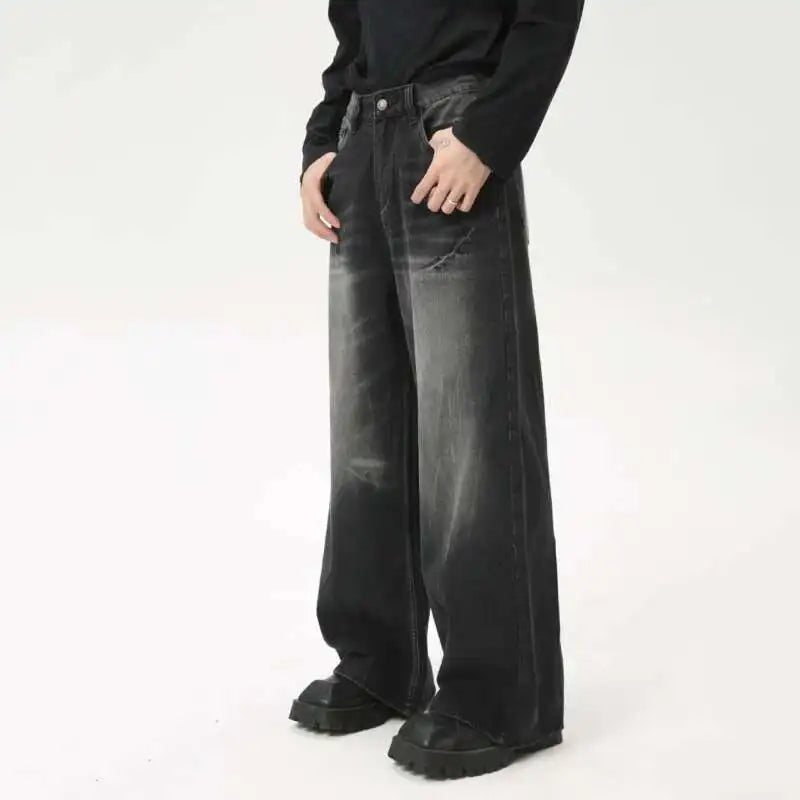 American Style Male Jeans Loose Zipper Wide-leg Washed Denim Pants High Street Summer New Trendy Trousers 2024 9C6160 XL50