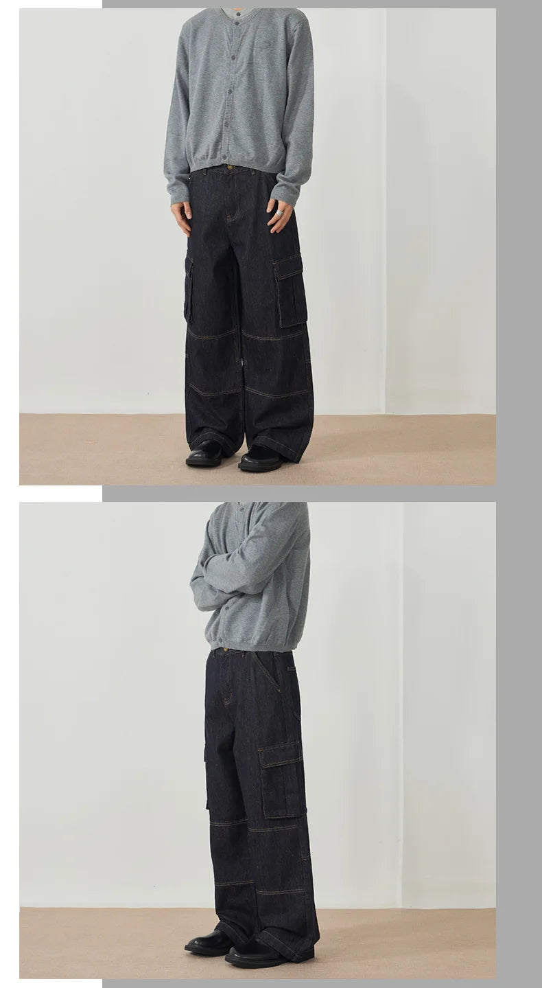 Men's Jeans New American Style Straight Leg Trendy Multi Pockets Line Design Splicing Male Summer Loose Bottoms 9W1900 XL51