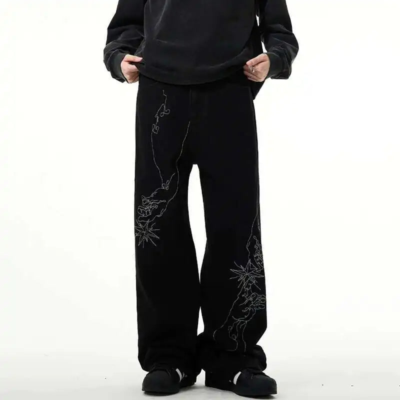 American Style Men's Denim Pants Embroidery Contrast Color XL32