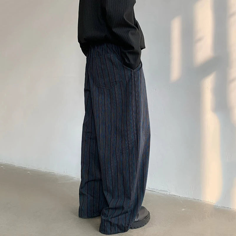Korean Trendy Striped men's pants High-quality Wide Leg trousers Loose Fit Elastic Waist Straight Trousers 12C1521 XL40