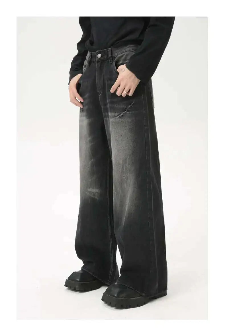 American Style Male Jeans Loose Zipper Wide-leg Washed Denim Pants High Street Summer New Trendy Trousers 2024 9C6160 XL50