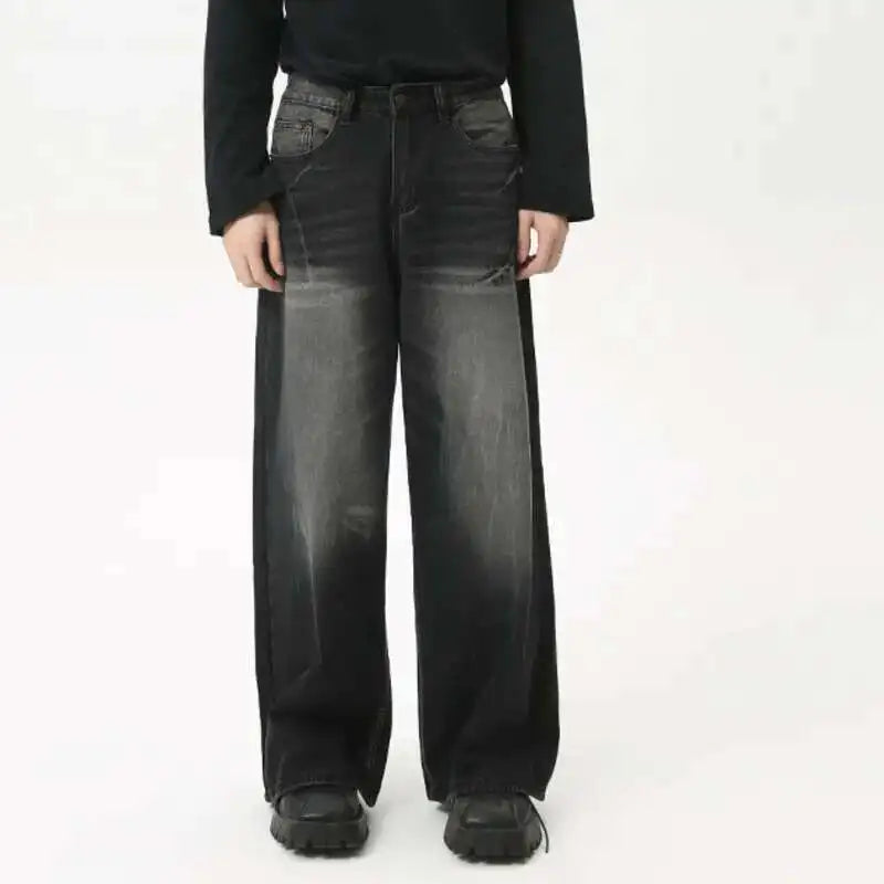 American Style Male Jeans Loose Zipper Wide-leg Washed Denim Pants High Street Summer New Trendy Trousers 2024 9C6160 XL50