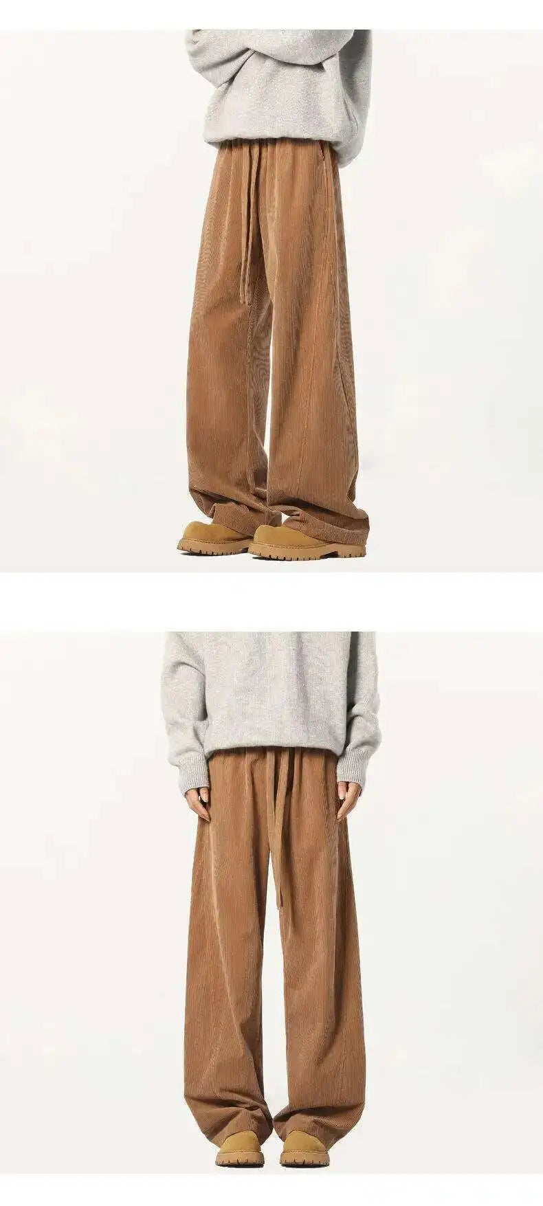 Elastic Waist Men's Casual Pants Solid Color Drawstring Straight Corduroy Machete Trousers Wide Leg Male Bottom 2025 9W588 XL57