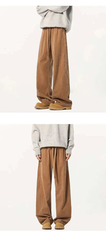 Elastic Waist Men's Casual Pants Solid Color Drawstring Straight Corduroy Machete Trousers Wide Leg Male Bottom 2025 9W588 XL57