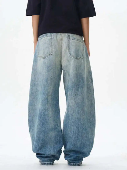 Korean Style Men's Denim Pants Solid Color Washing Moustache Effect New Spring Straight Wide Leg Loose Male Jeans 9W1188 XL53