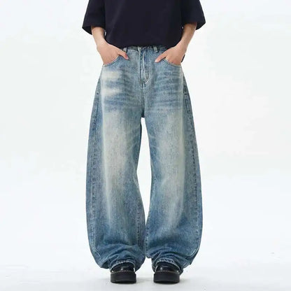 Korean Style Men's Denim Pants Solid Color Washing Moustache Effect New Spring Straight Wide Leg Loose Male Jeans 9W1188 XL53