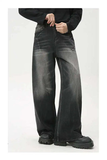 American Style Male Jeans Loose Zipper Wide-leg Washed Denim Pants High Street Summer New Trendy Trousers 2024 9C6160 XL50