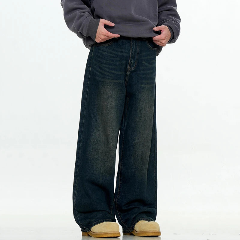 Simple Men's Denim Trousers Solid Color Casual Worn-out Washing Straight Bottom Wide Leg Loose Male Jeans Fashion 9W431 XL54