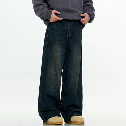 Simple Men's Denim Trousers Solid Color Casual Worn-out Washing Straight Bottom Wide Leg Loose Male Jeans Fashion 9W431 XL54
