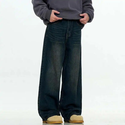 Simple Men's Denim Trousers Solid Color Casual Worn-out Washing Straight Bottom Wide Leg Loose Male Jeans Fashion 9W431 XL54