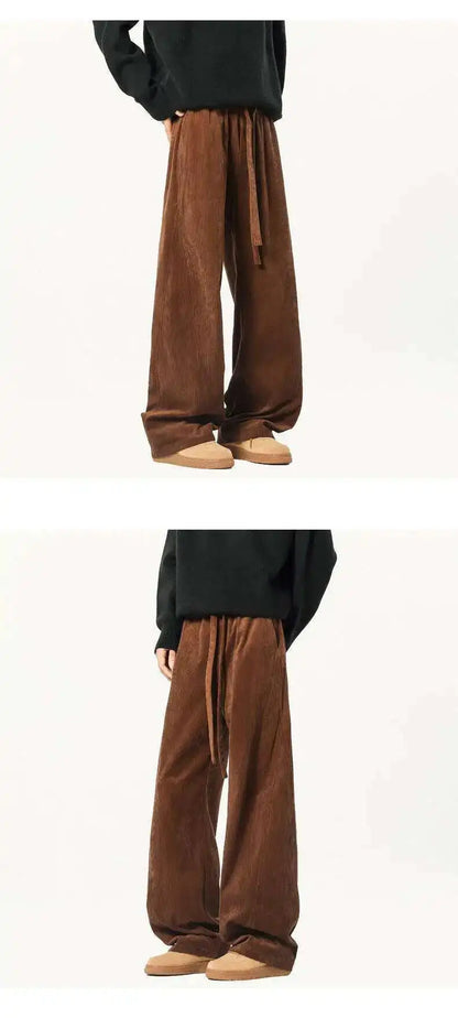 Elastic Waist Men's Casual Pants Solid Color Drawstring Straight Corduroy Machete Trousers Wide Leg Male Bottom 2025 9W588 XL57