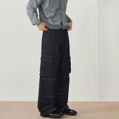 Men's Jeans New American Style Straight Leg Trendy Multi Pockets Line Design Splicing Male Summer Loose Bottoms 9W1900 XL51