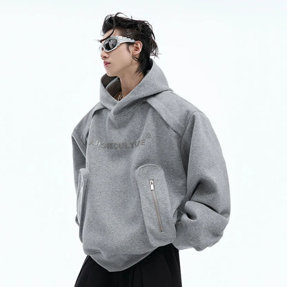 Korean Style Men's Hoodies Patchwork Three-dimensional Pockets Shoulder Pads Letter Printing Loose Male Sweatshirts XL35
