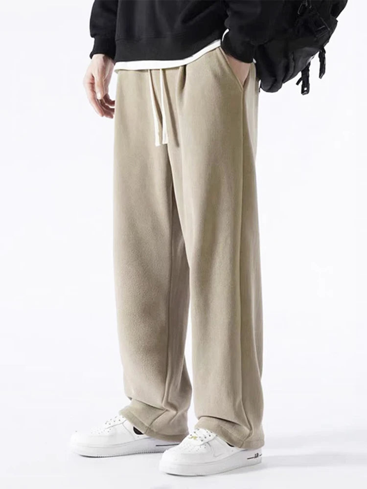 Winter Men's Sweatpants Korean Fashion Thick Warm Fleece Wide Leg Straight Loose Track Pants Male Casual Thermal Velvet Trousers　XL41
