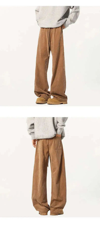 Elastic Waist Men's Casual Pants Solid Color Drawstring Straight Corduroy Machete Trousers Wide Leg Male Bottom 2025 9W588 XL57