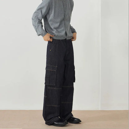 Men's Jeans New American Style Straight Leg Trendy Multi Pockets Line Design Splicing Male Summer Loose Bottoms 9W1900 XL51