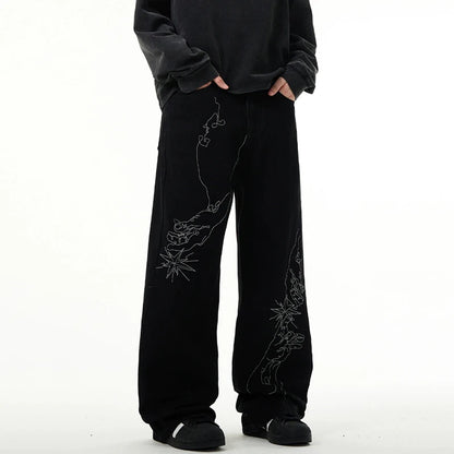 American Style Men's Denim Pants Embroidery Contrast Color XL32