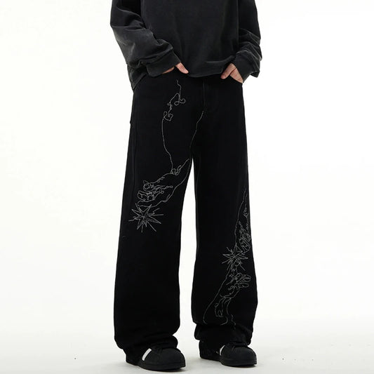 American Style Men's Denim Pants Embroidery Contrast Color XL32