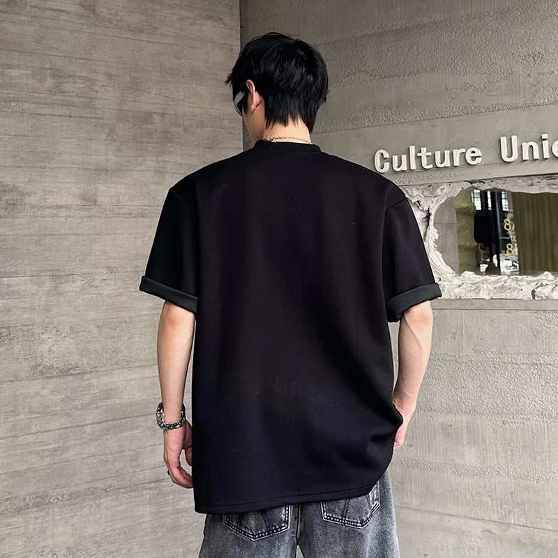 Contrast Color Patchwork Men's Tees Metal Detachable Shoulder Pads New Short Sleeved O-neck Male T-shirts XL36