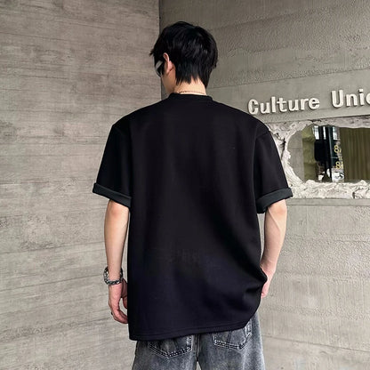 Contrast Color Patchwork Men's Tees Metal Detachable Shoulder Pads New Short Sleeved O-neck Male T-shirts XL36