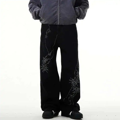 American Style Men's Denim Pants Embroidery Contrast Color XL32