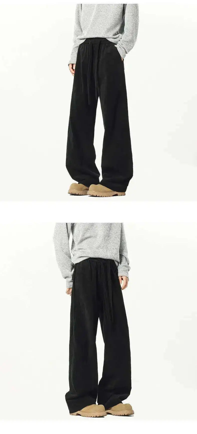 Elastic Waist Men's Casual Pants Solid Color Drawstring Straight Corduroy Machete Trousers Wide Leg Male Bottom 2025 9W588 XL57